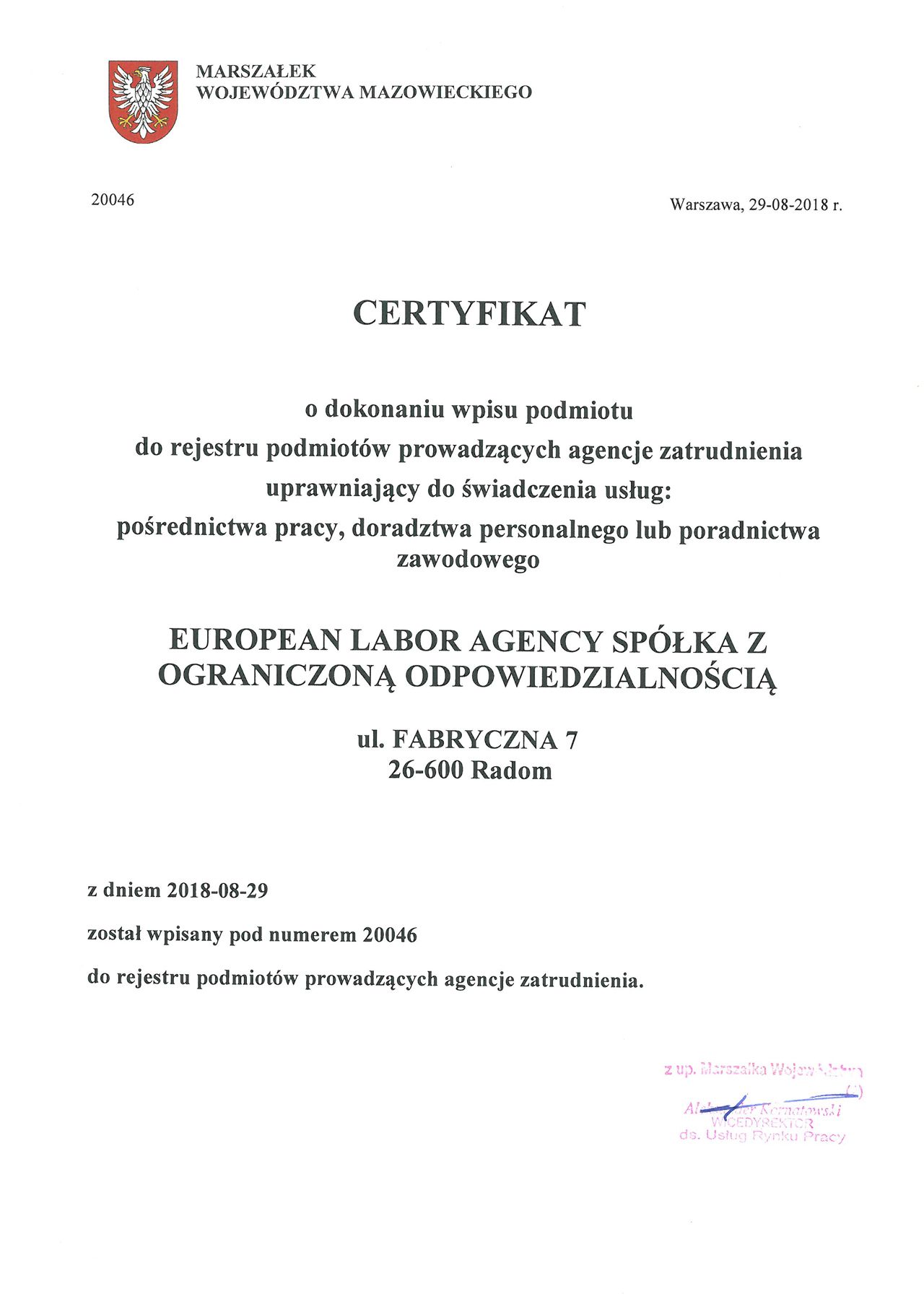 EuropLaborAgency posrednictwo certyfikat