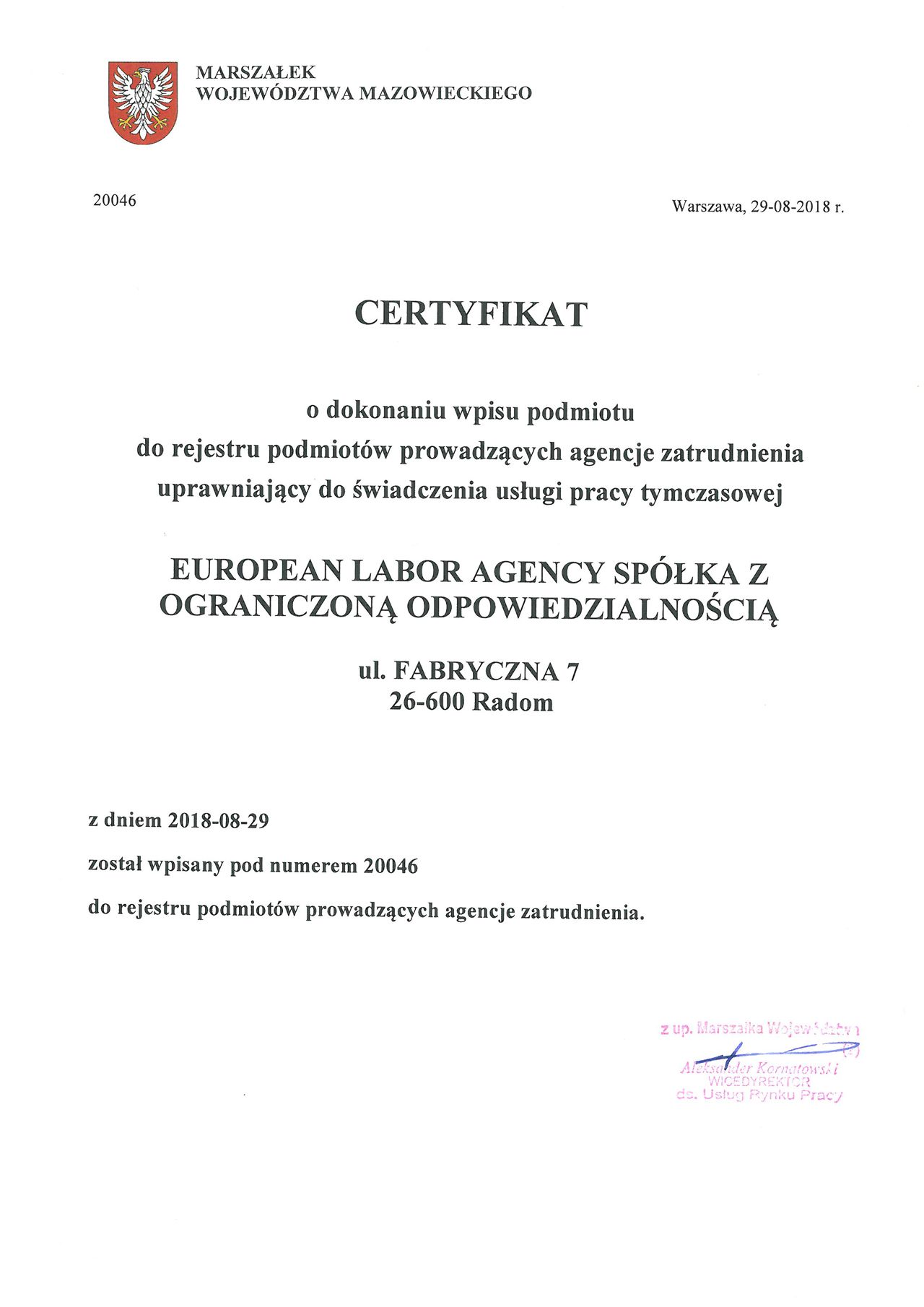 EuropLaborAgency praca tymczasowa certyfikat